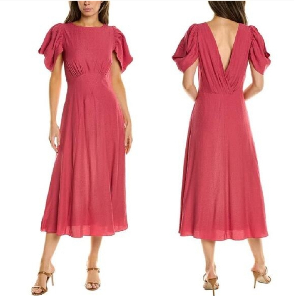 Ted Baker Tulipi Midi Tea Dress 6 Pink Puff Sleeve Jacquard V-Back‎ Party NWT ~